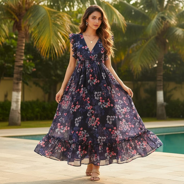 Classy Blue Floral Chiffon Digital Printed Fabric - alternate view