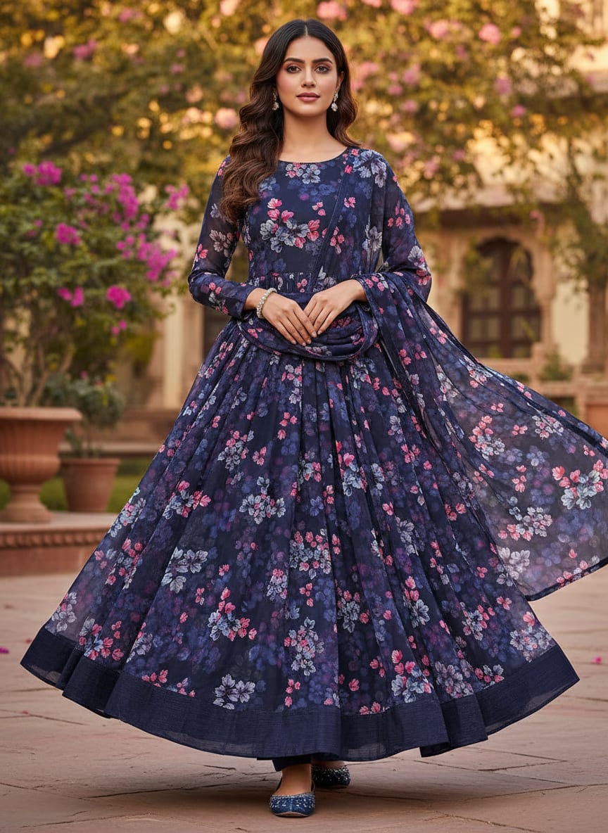 Classy Blue Floral Chiffon Digital Printed Fabric