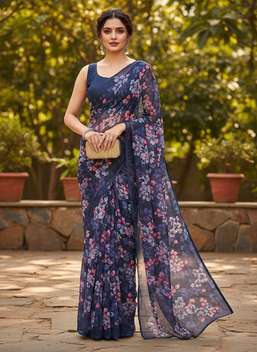 Classy Blue Floral Chiffon Digital Printed Fabric