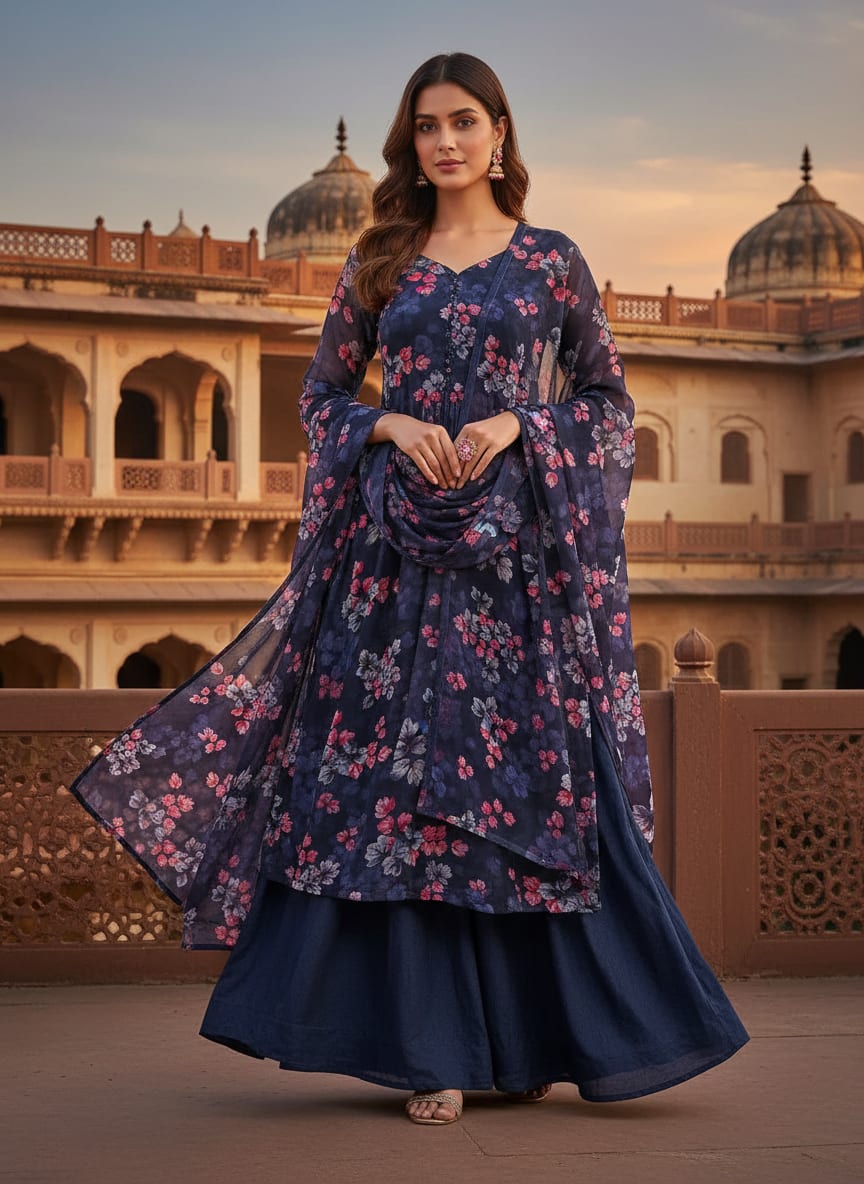 Classy Blue Floral Chiffon Digital Printed Fabric