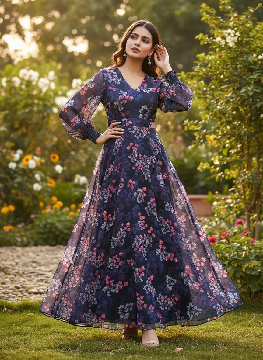 Classy Blue Floral Chiffon Digital Printed Fabric