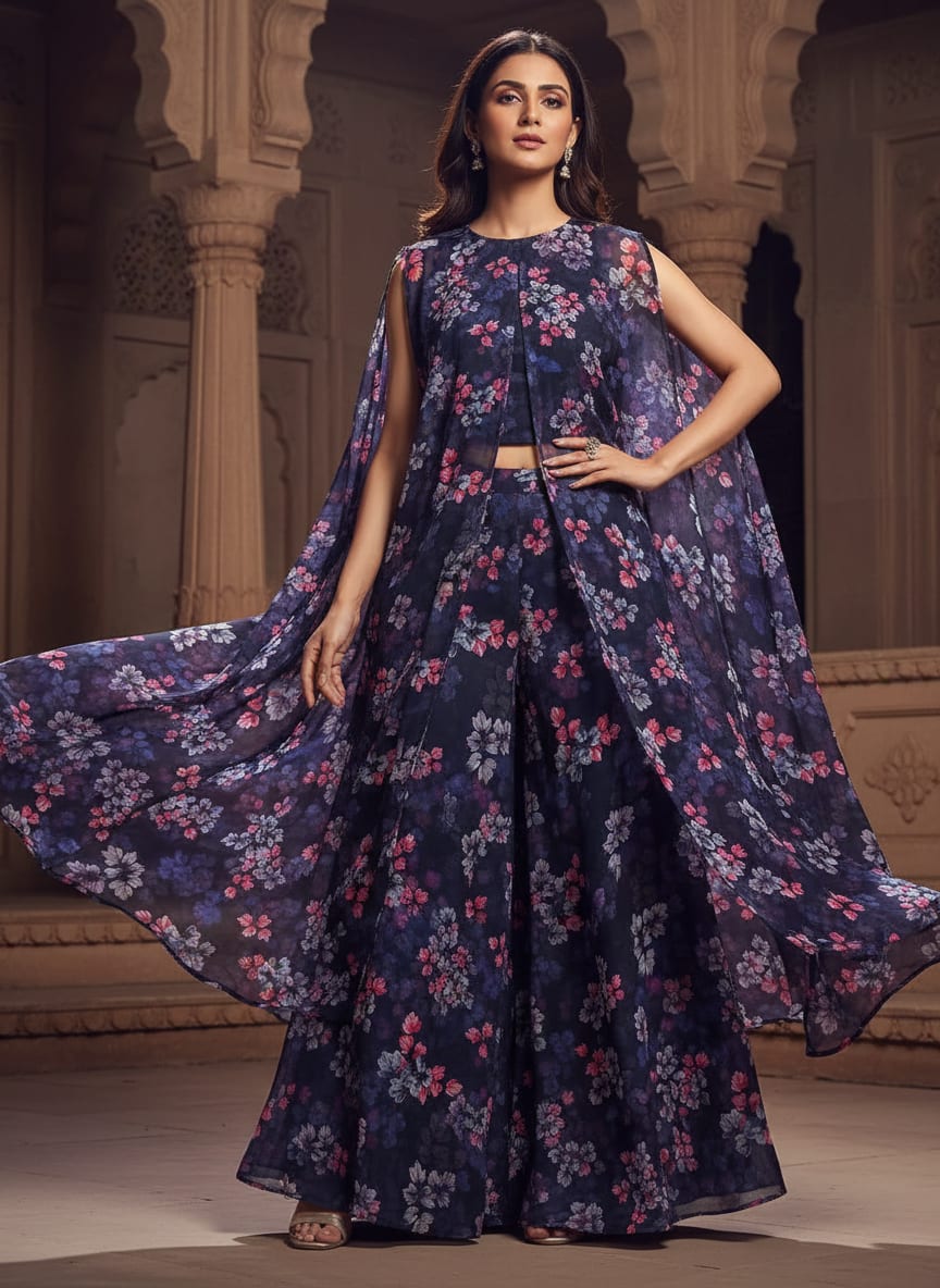 Classy Blue Floral Chiffon Digital Printed Fabric