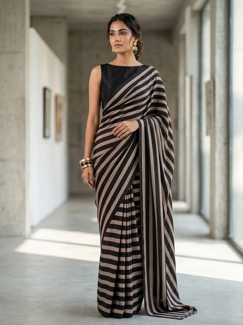 Black Bold Stripes Silk Crepe Digital Printed Fabric