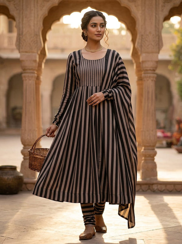 Brown Bold Stripes Silk Crepe Digital Printed Fabric - Anarkali Kurta Set Lookbook - CR-0-TA07623-110 - alternate view