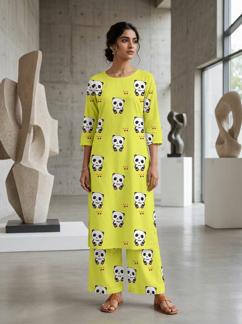 Yellow Cute Panda Animal Print Muslin Digital Printed Fabric