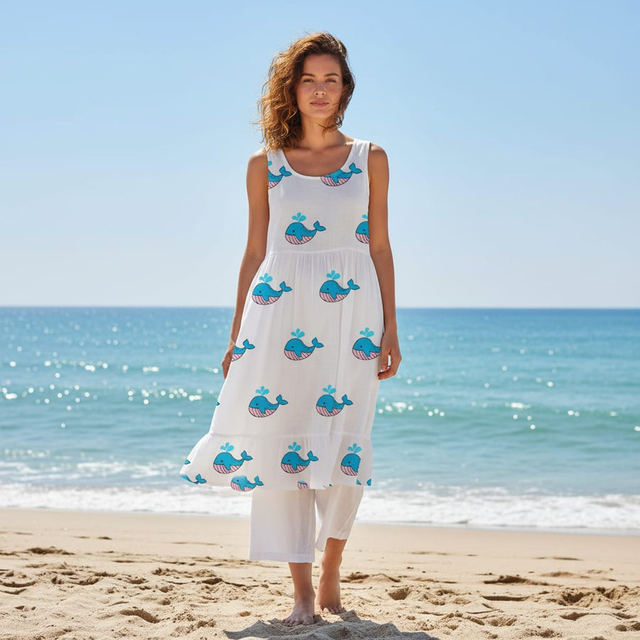 Blue and White Whale Print Muslin Fabric for Kids