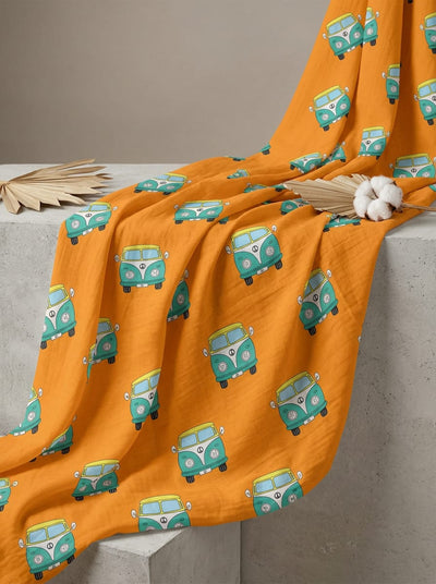 Orange Retro Camper Van Print Muslin Digital Printed Fabric
