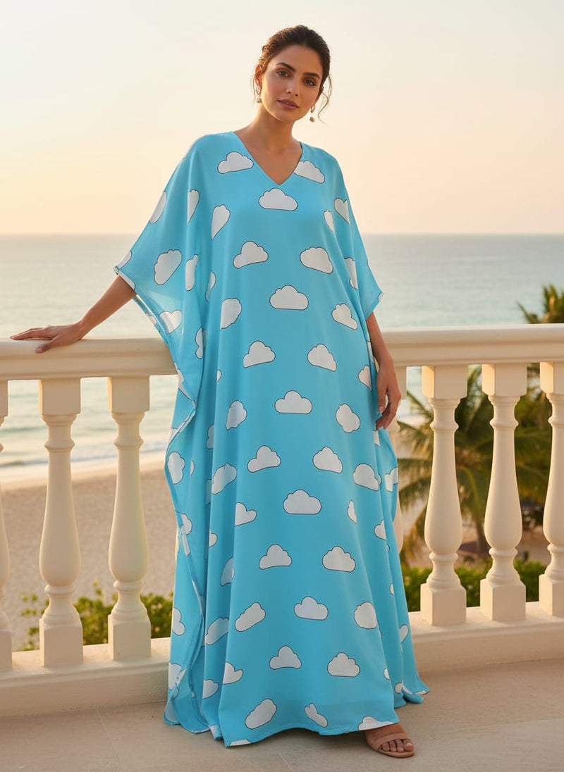 Blue and White Cloud Print Muslin Fabric for Kids
