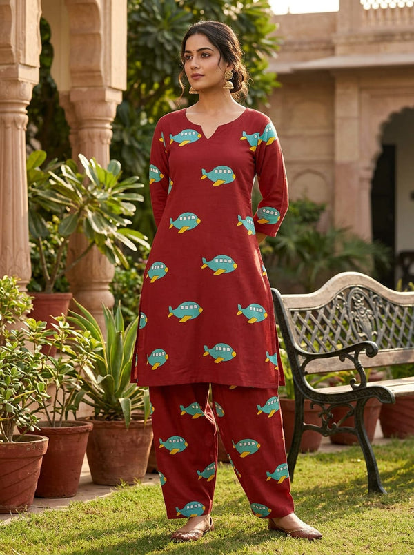 Red Cute Cartoon Airplane Print Muslin Digital Printed Fabric - A-Line Kurta with Salwar Lookbook - MU-0-FVS20231078-110 - alternate view