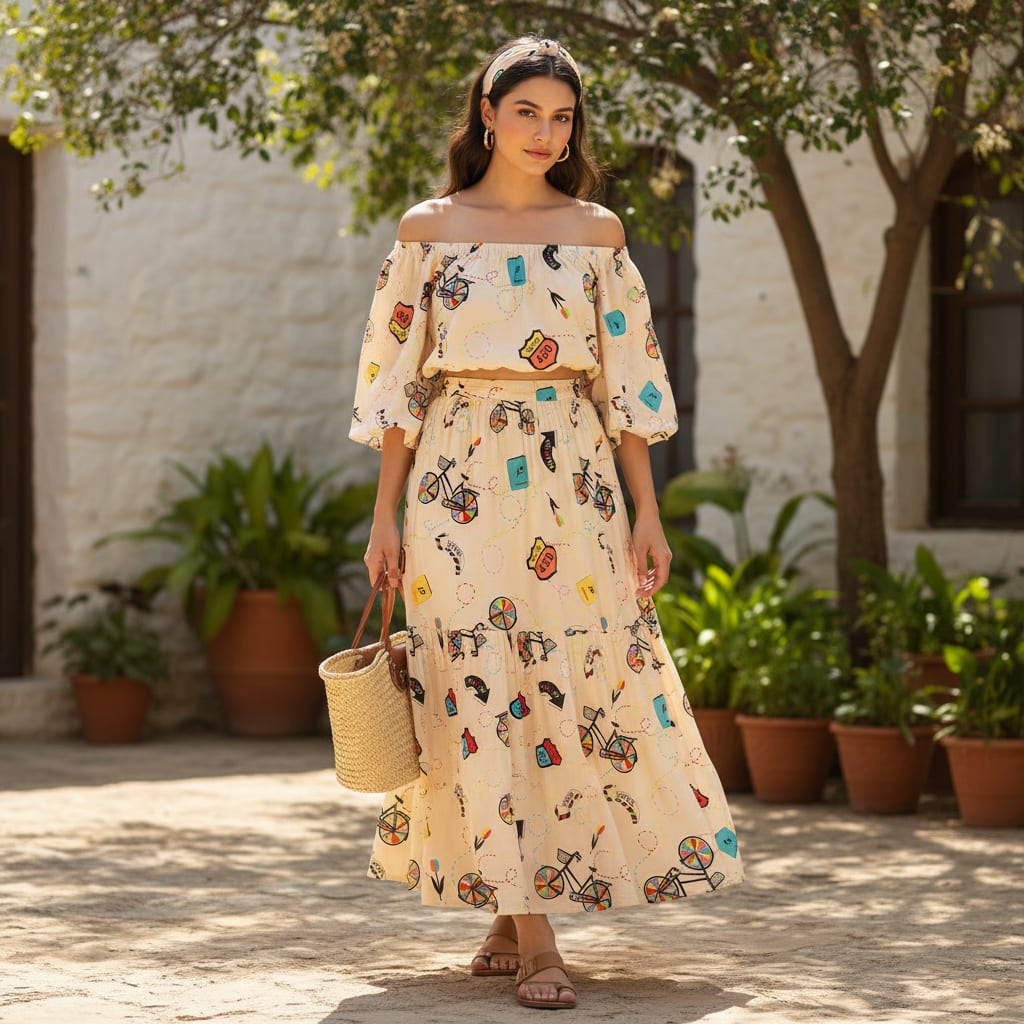 Cream Cycle Prints Muslin Fabric for Kids