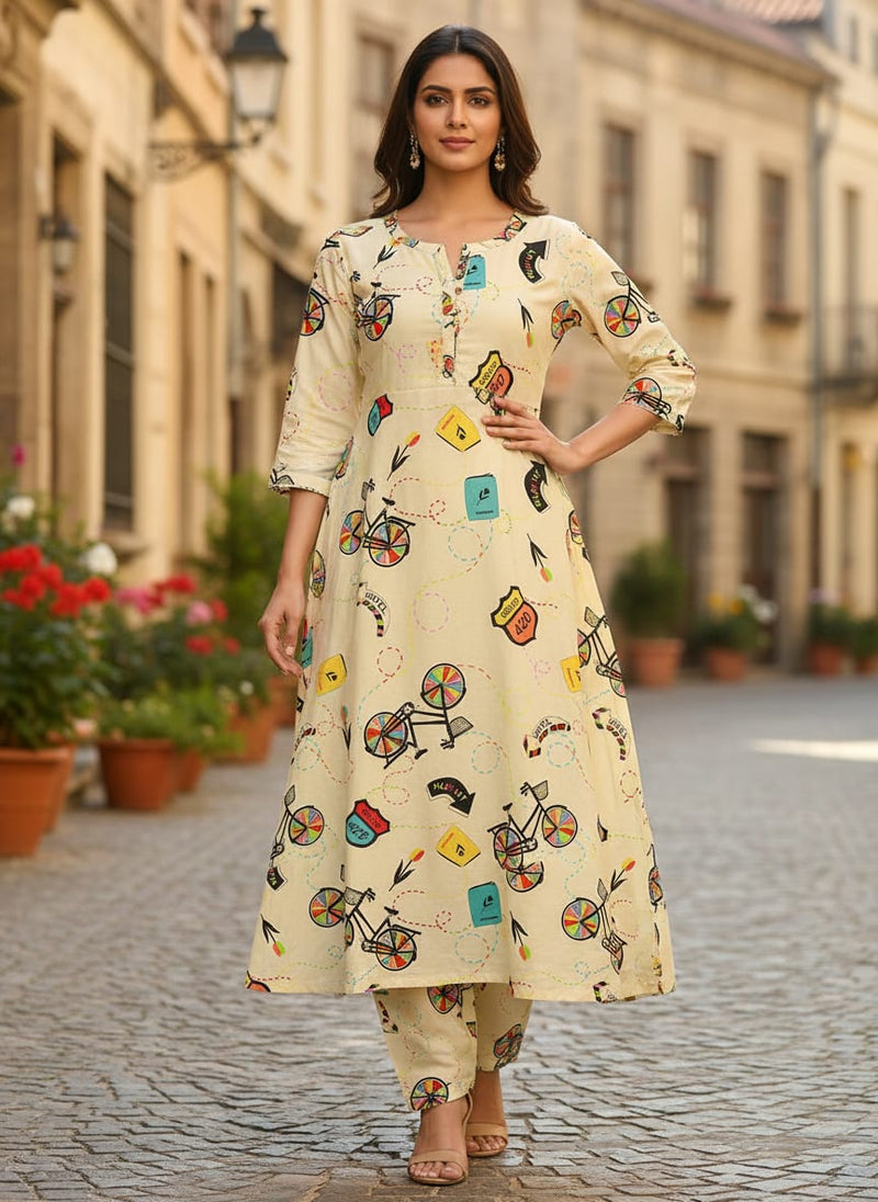 Cream Cycle Prints Muslin Fabric for Kids