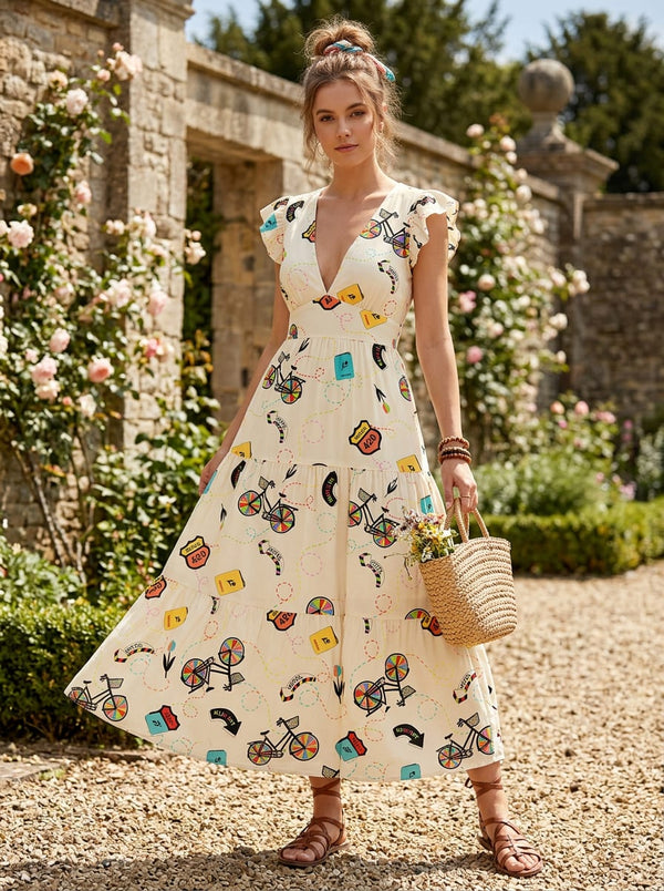 Multicolor Conversational Travel Bicycle Print Muslin Digital Printed Fabric - Flowy Maxi Dress Lookbook - MU-0-FVS20231091-110 - alternate view