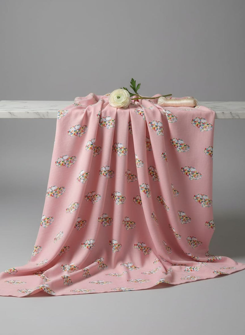 Pink Muslin Digital Printed Kids Fabric with Car Prints