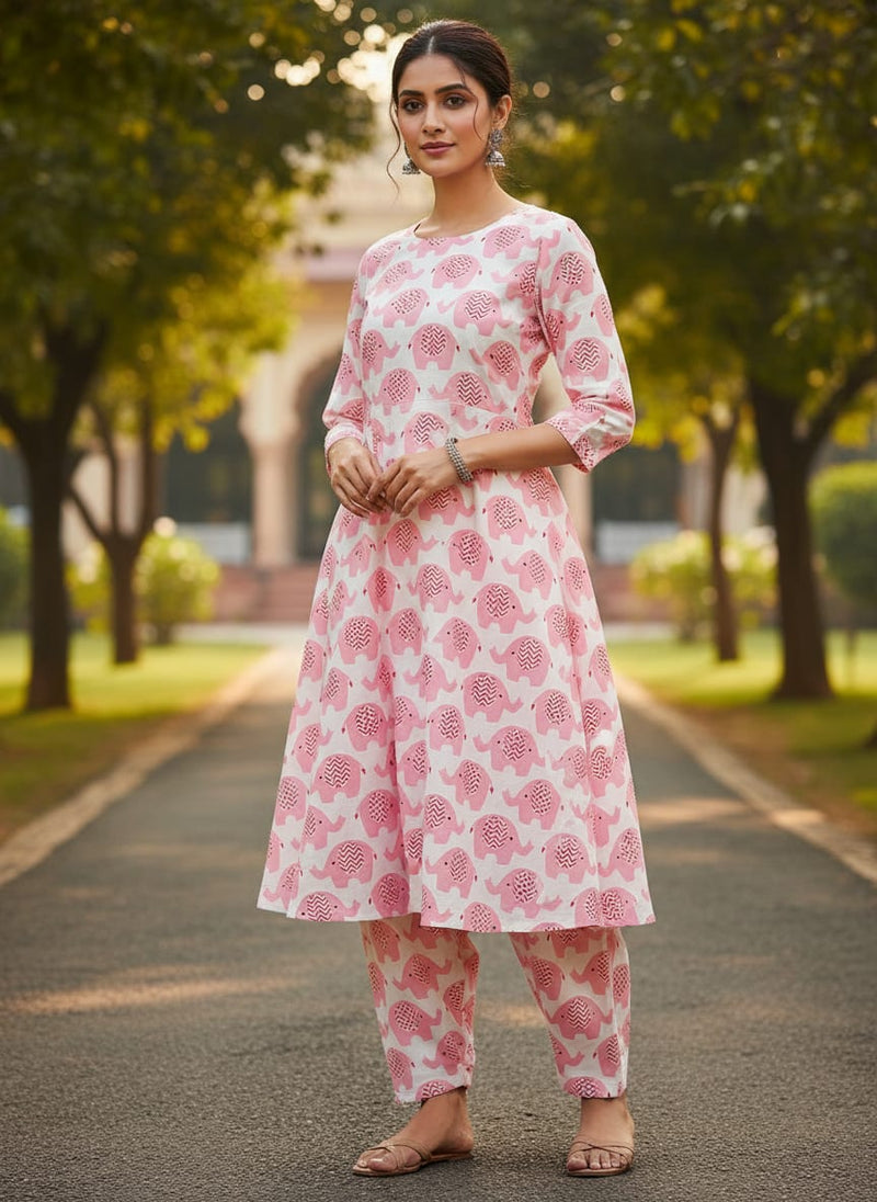 Pink and White Muslin Printed Fabric with Quirky Elephant Prints for Kids