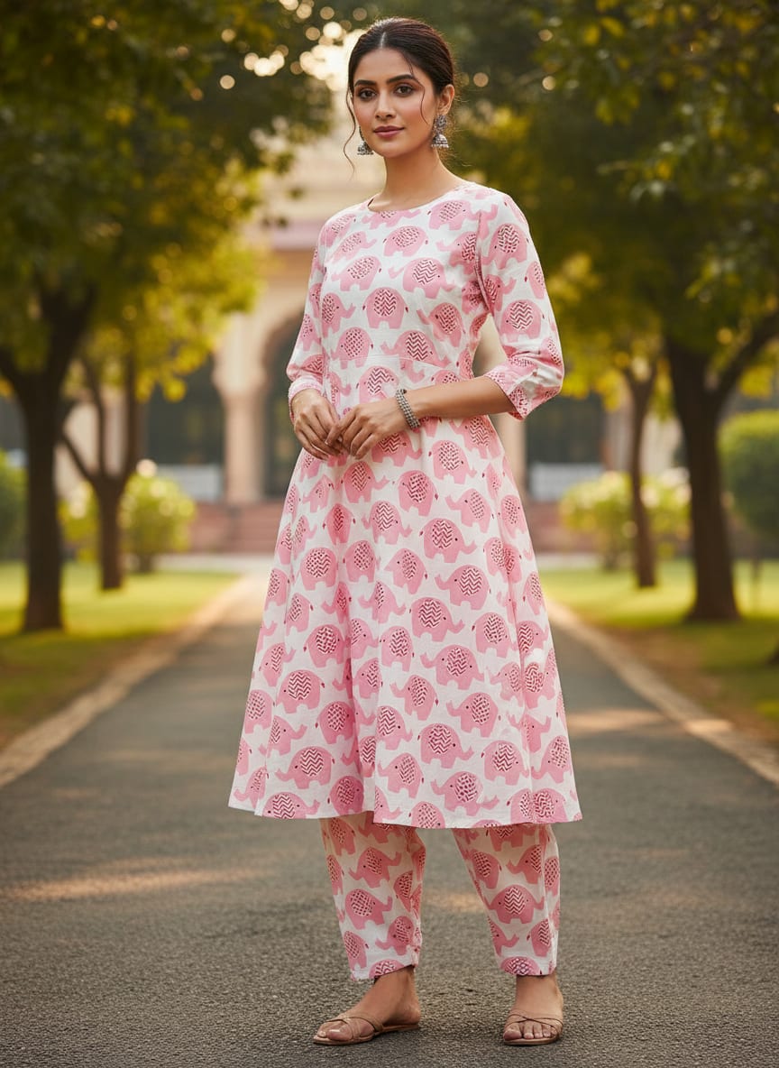 Pink and White Muslin Printed Fabric with Quirky Elephant Prints for Kids