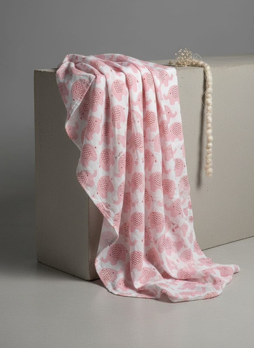 Pink and White Muslin Printed Fabric with Quirky Elephant Prints for Kids