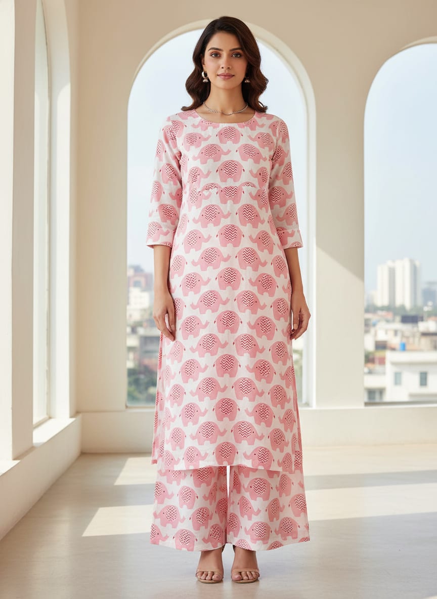 Pink and White Muslin Printed Fabric with Quirky Elephant Prints for Kids