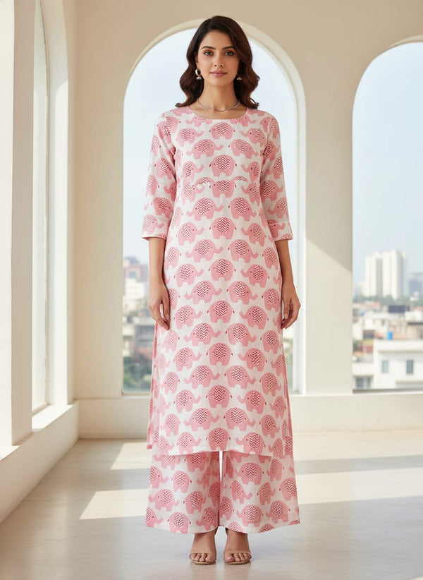 Pink and White Muslin Printed Fabric with Quirky Elephant Prints for Kids - Straight Kurta with Palazzo Lookbook - MU-0-FVS20231086-110 - alternate view