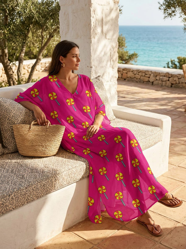Pink Swirl Lollipop Cartoon Print Muslin Digital Printed Fabric - Kaftan Lookbook - MU-0-FVS20231089-110 - alternate view