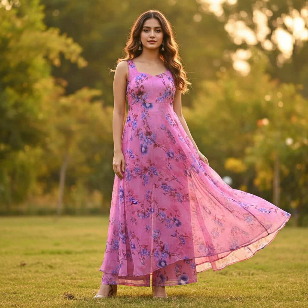 Classy Pink Floral Pure Chiffon Digital Printed Fabric