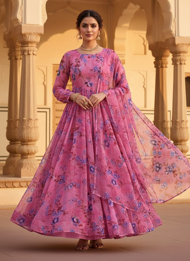 Classy Pink Floral Pure Chiffon Digital Printed Fabric