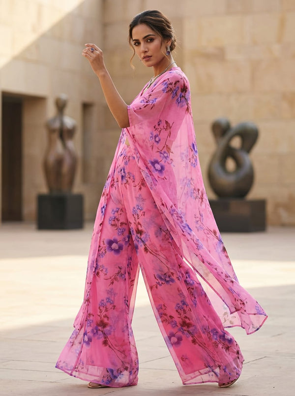 Pink Watercolor Floral Spray Pure Chiffon Digital Printed Fabric - Cape with Palazzo Lookbook - PCH-0-TA09678P3-96 - alternate view