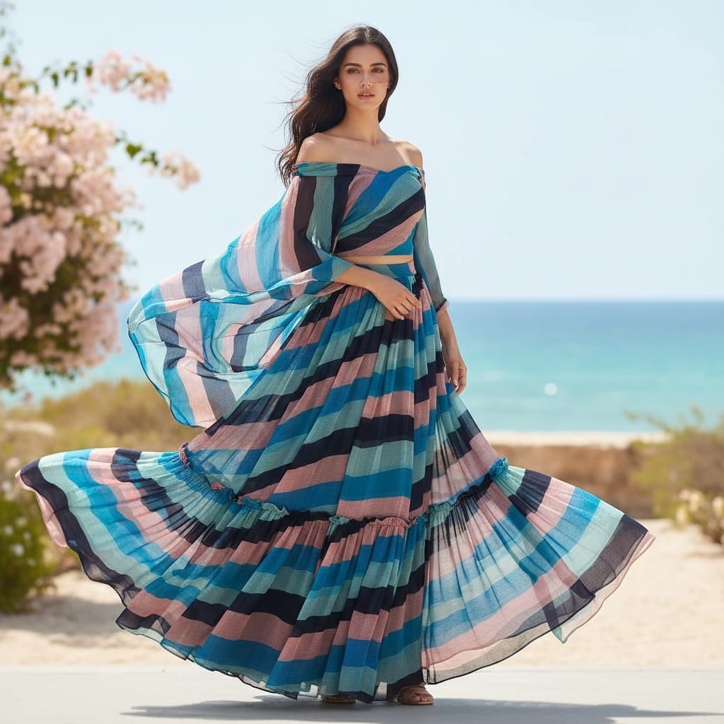 Classy Green, Blue, and Peach Strips Pure Chiffon Fabric