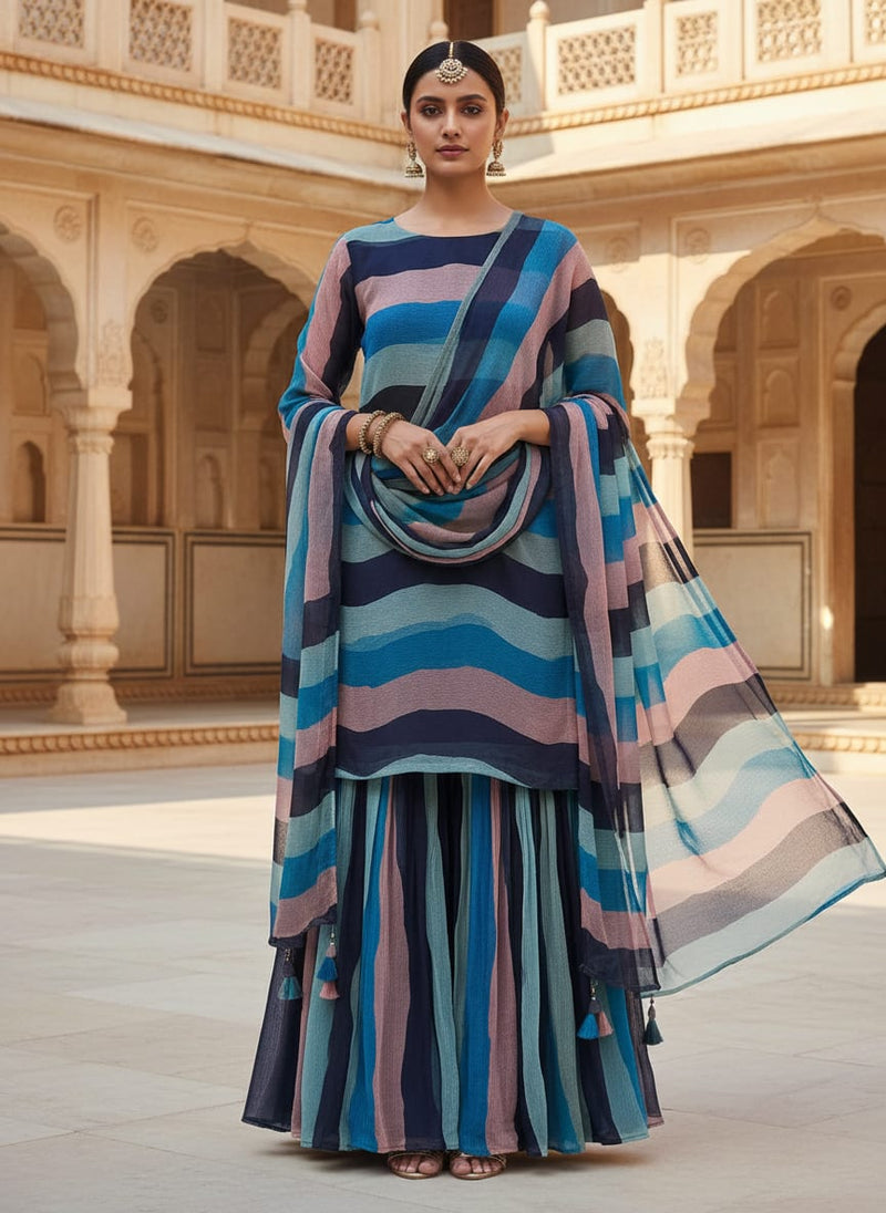 Classy Green, Blue, and Peach Strips Pure Chiffon Fabric
