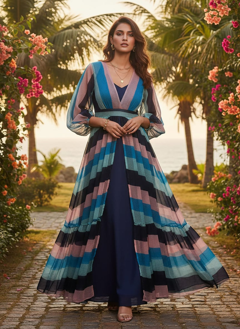 Classy Green, Blue, and Peach Strips Pure Chiffon Fabric