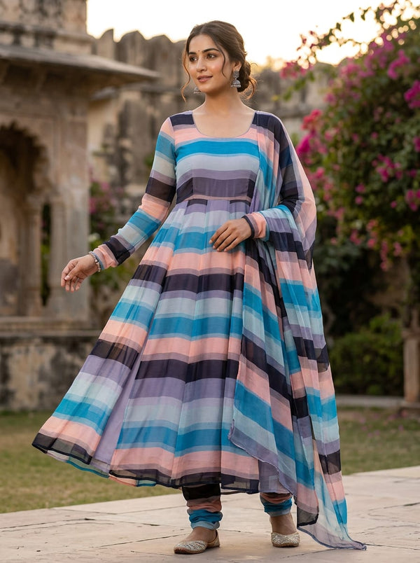 Multicolor Wavy Abstract Stripes Pure Chiffon Digital Printed Fabric - Anarkali Kurta Set Lookbook - PCH-0-TA07534-96 - alternate view