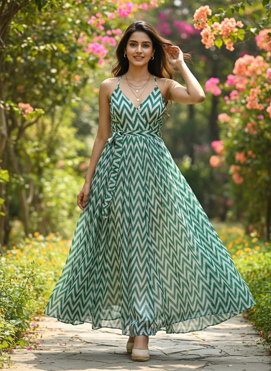 Classy Green and White Zigzag Digital Printed Pure Chinon Fabric