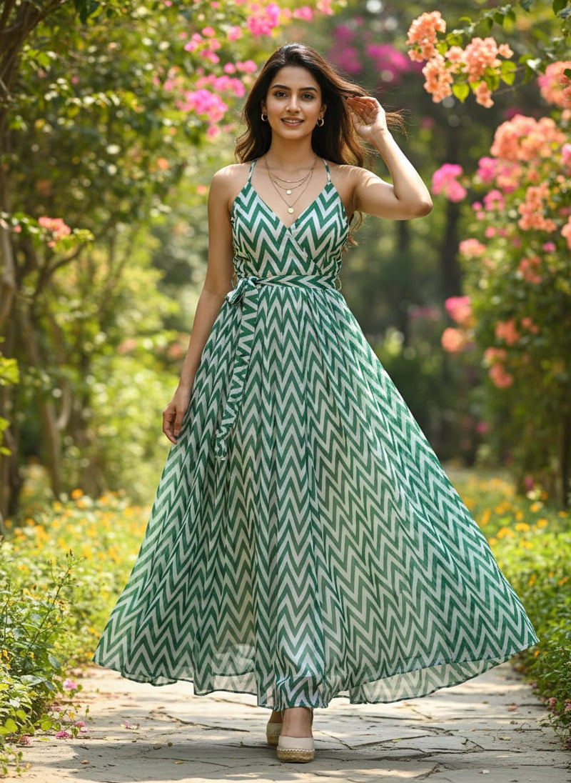 Classy Green and White Zigzag Digital Printed Pure Chinon Fabric