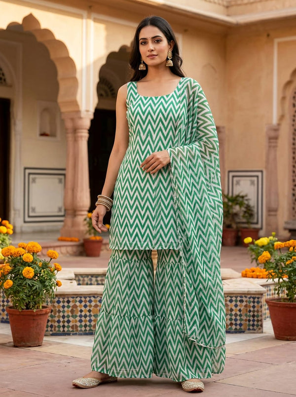 Green and White Chevron Zigzag Pure Chinon Digital Printed Fabric - Sharara Set Lookbook - PC-0-TA06040-106 - alternate view