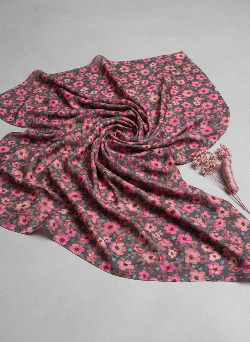 Classy Pink and Gray Floral Pure Muslin Digital Printed Fabric