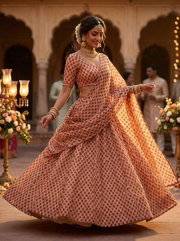 Cream Small Ethnic Floral Buti Print Pure Organza Digital Printed Fabric - Lehenga Choli Lookbook - POR-0-MA012675-110 - alternate view
