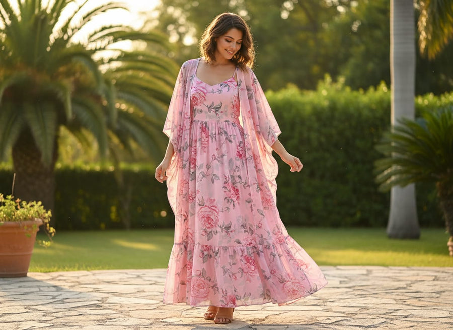 Classy Pink Floral Georgette Digital Printed Fabric
