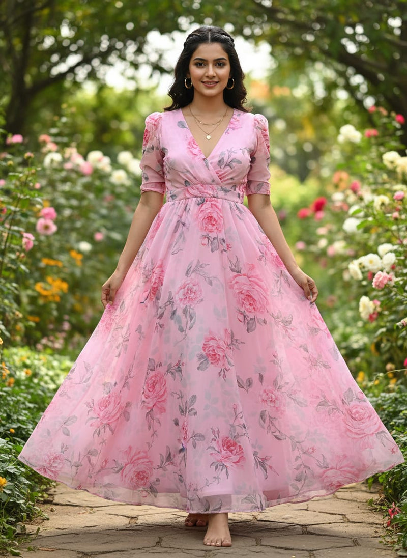 Classy Pink Floral Georgette Digital Printed Fabric