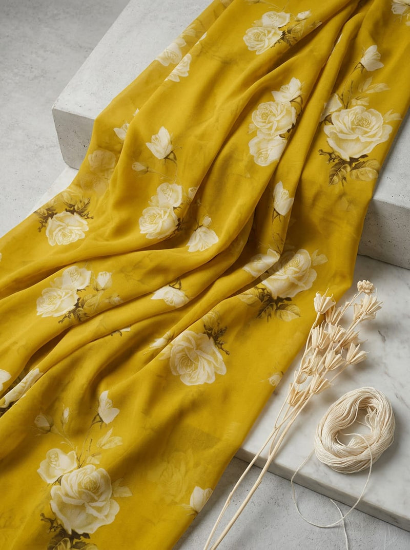 Yellow Classic White Roses Floral Georgette Digital Printed Fabric