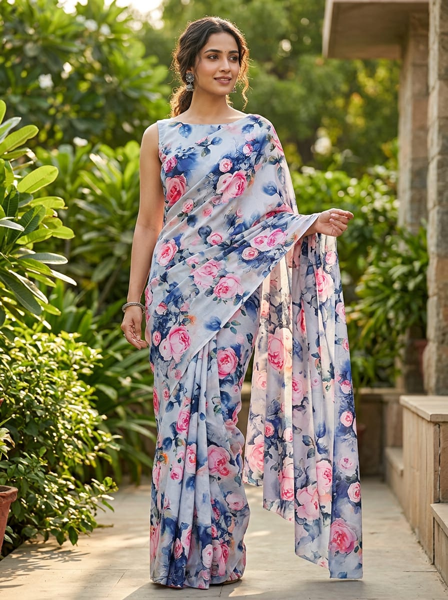 Multicolor Watercolour English Roses Floral Silk Crepe Digital Printed Fabric