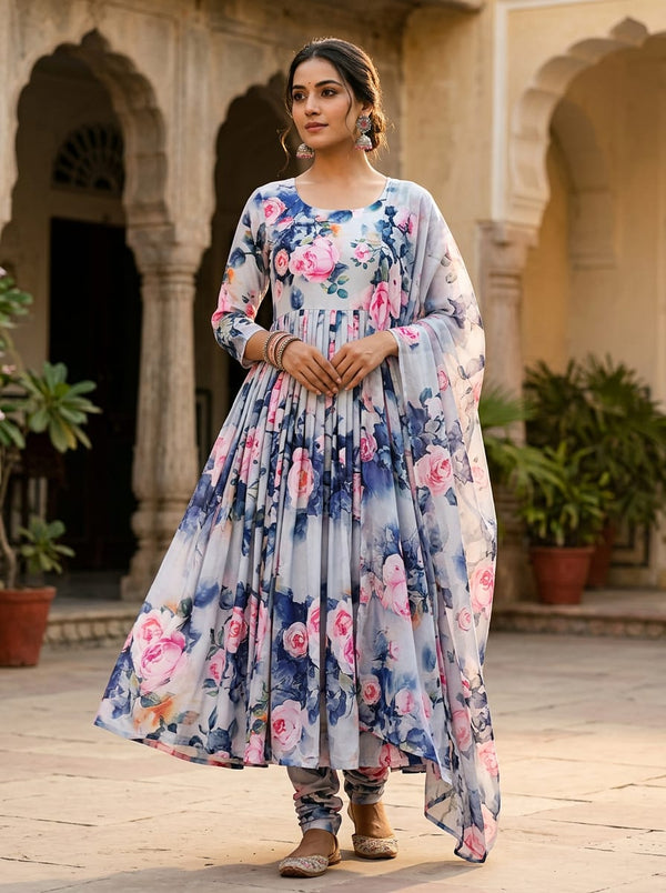 Multicolor Watercolour English Roses Floral Silk Crepe Digital Printed Fabric - Anarkali Kurta Set Lookbook - CR-0-TA6801P1-110 - alternate view