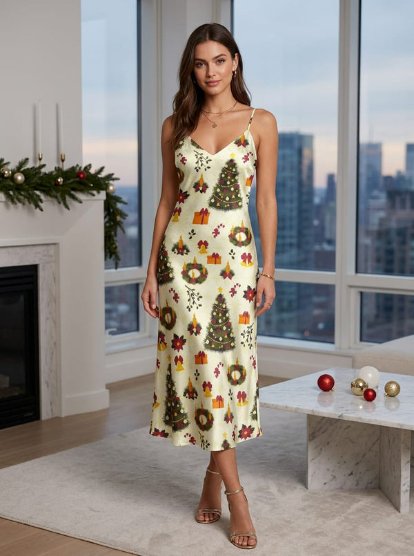 Multicolor Christmas Festive Motifs Japan Satin Digital Printed Fabric - Slip Dress Lookbook - JS-0-FVS20231088-110 - alternate view