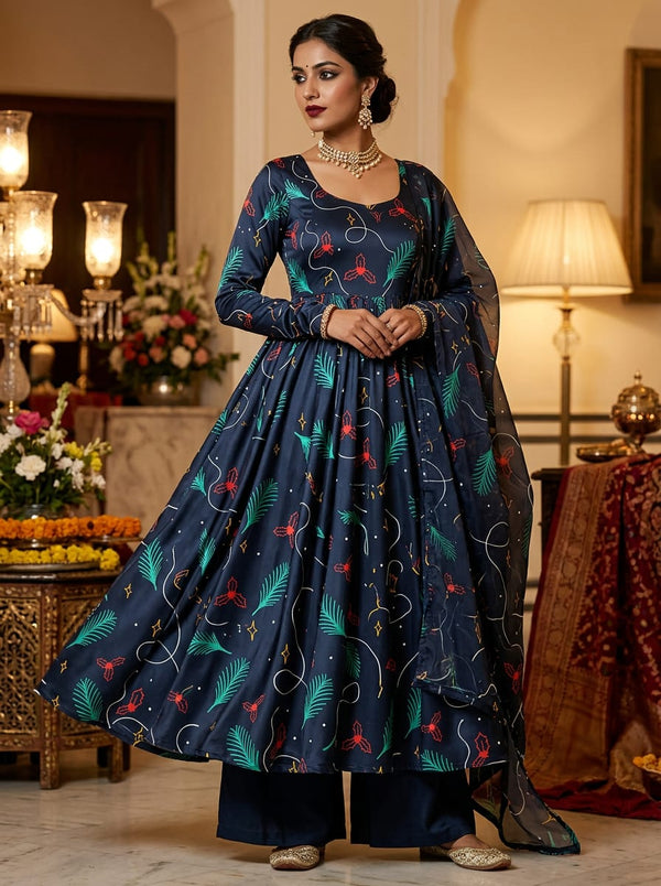 Navy Festive Christmas Botanical Print Japan Satin Digital Printed Fabric - Anarkali Kurta Set Lookbook - JS-0-FVS20231077-110 - alternate view