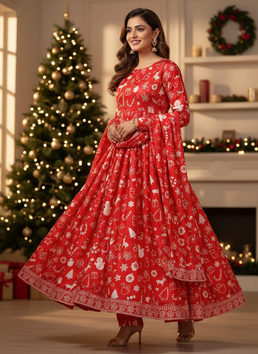 Classy Red & White Christmas Design Japan Satin Fabric