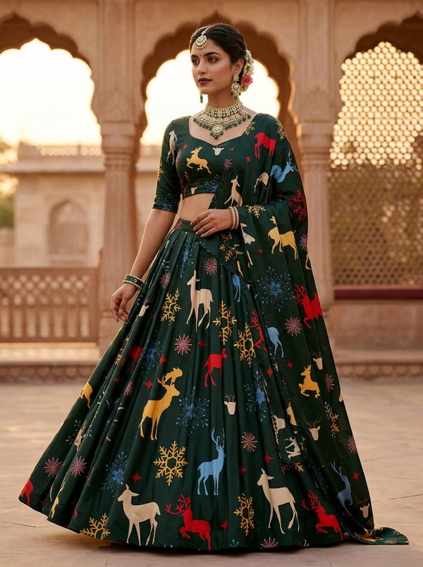 Green Festive Reindeer and Snowflake Japan Satin Digital Printed Fabric - Lehenga Choli Lookbook - JS-0-FVS20231082-110 - alternate view
