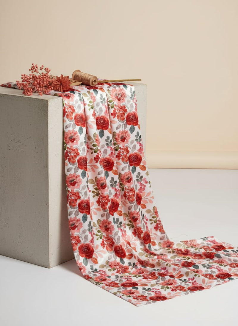 Gorgeous Red Floral Japan Satin Printed Fabric