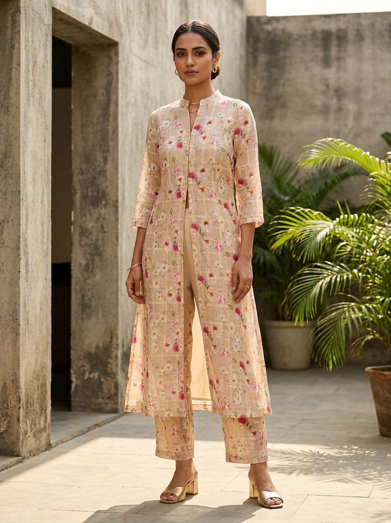 Cream Dainty Floral on Checkered Base Linen Digital Printed Fabric