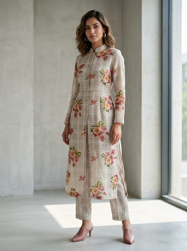 Multicolor Floral on Checkered Pattern Linen Digital Printed Fabric - Jacket Kurta with Straight Pants Lookbook - POLI-CH-TA08793-110 - alternate view