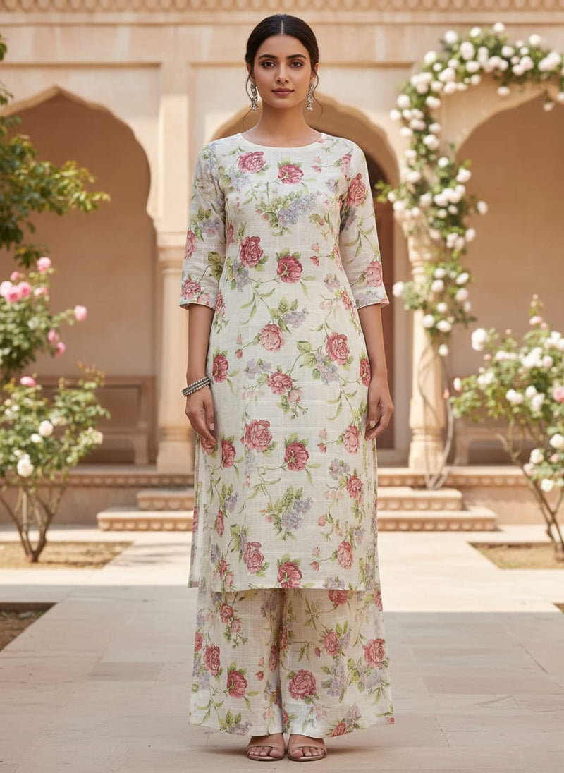 Gorgeous Linen Fabric in Pink Floral and Leaves Print