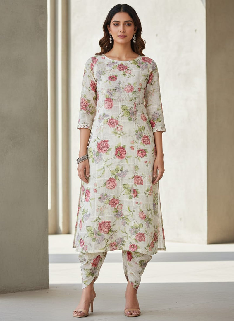 Gorgeous Linen Fabric in Pink Floral and Leaves Print
