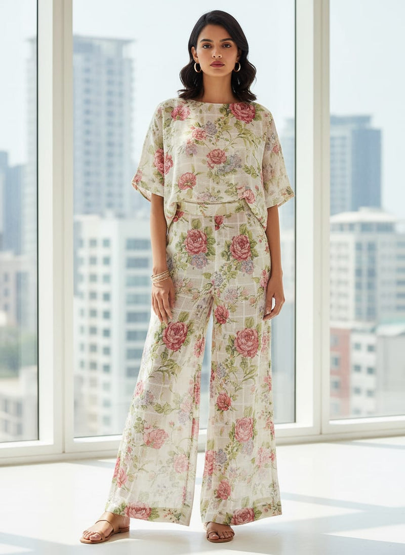 Gorgeous Linen Fabric in Pink Floral and Leaves Print